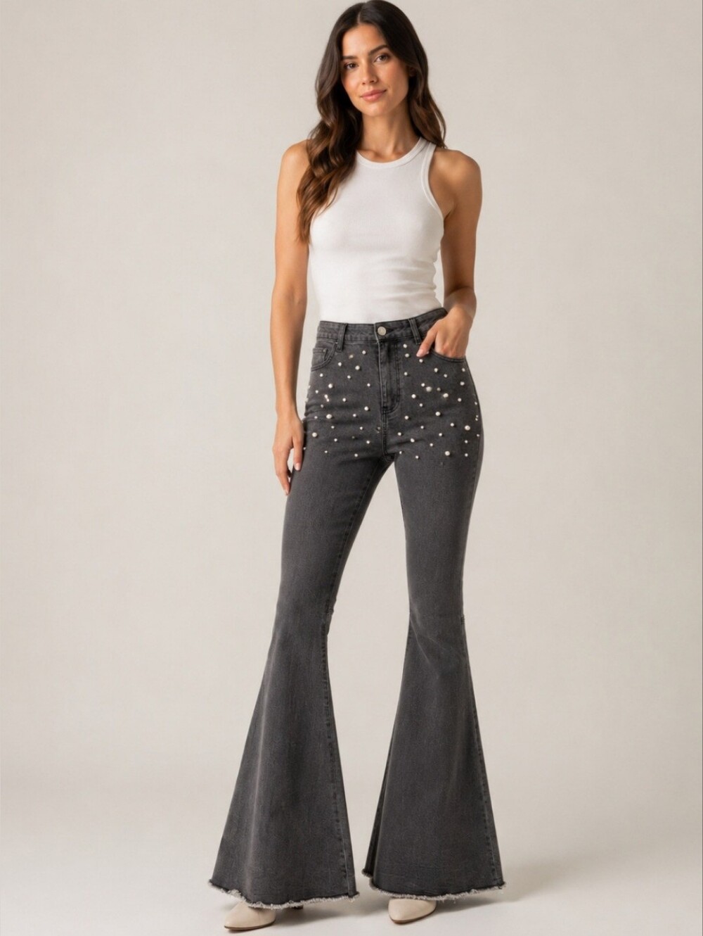 Peach Love California pearl embellished flare jeans L charcoal bell bottom raw h